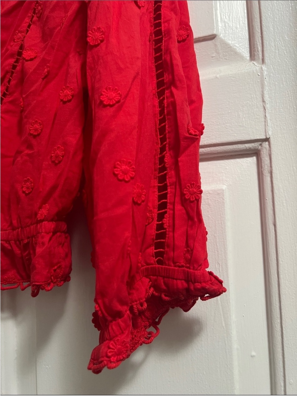 FARM Rio Bright Red Embroidered Tie-Front 100% Cotton Peasant Blouse Medium - Picture 4 of 10